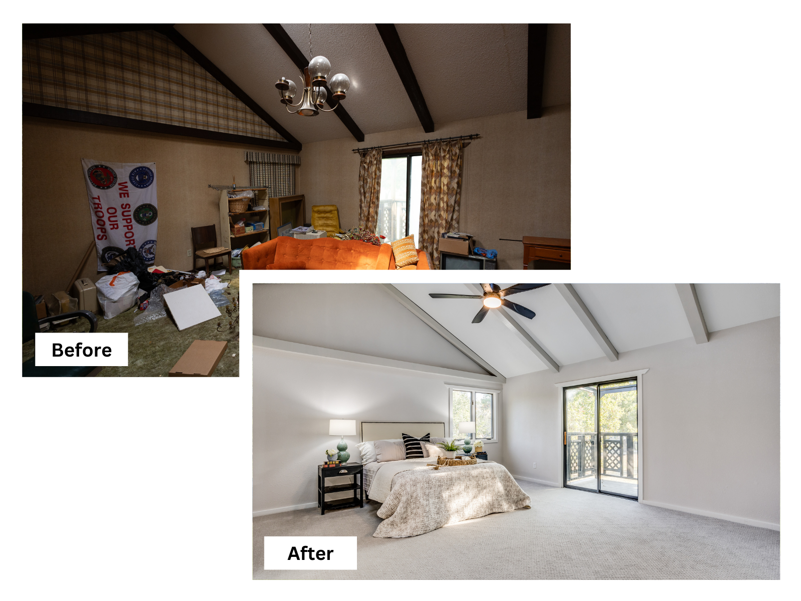 Before and after of a bedroom in a property in Hutchinson, Kansas