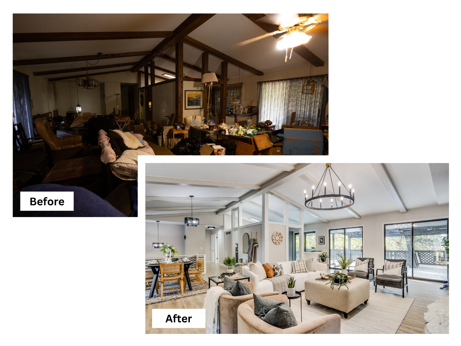 Before and after of a living room in a property in Olathe, Kansas